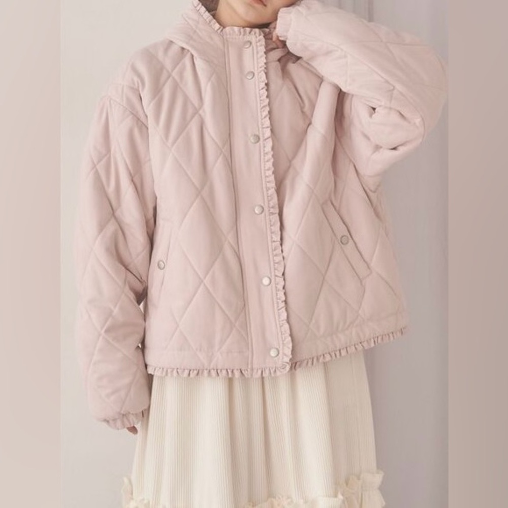 Merry jenny pink quilted hooded jacket with ruffle trim kawaii